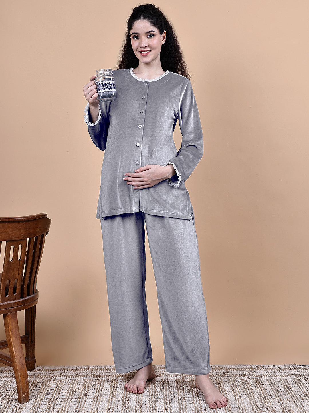 Secret Wish Grey Solid Velvet Winter Maternity Night Suit