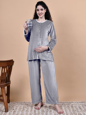 Secret Wish Grey Solid Velvet Winter Maternity Night Suit