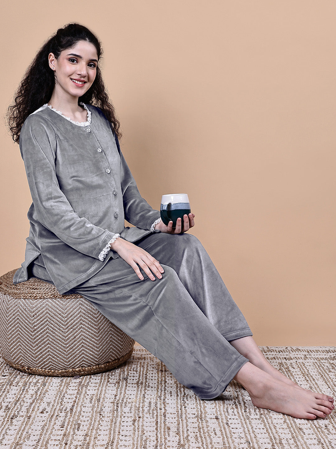 Secret Wish Grey Solid Velvet Winter Maternity Night Suit