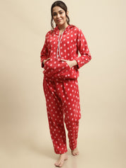Red Polka Dot Hoodied Woolen Night Suit