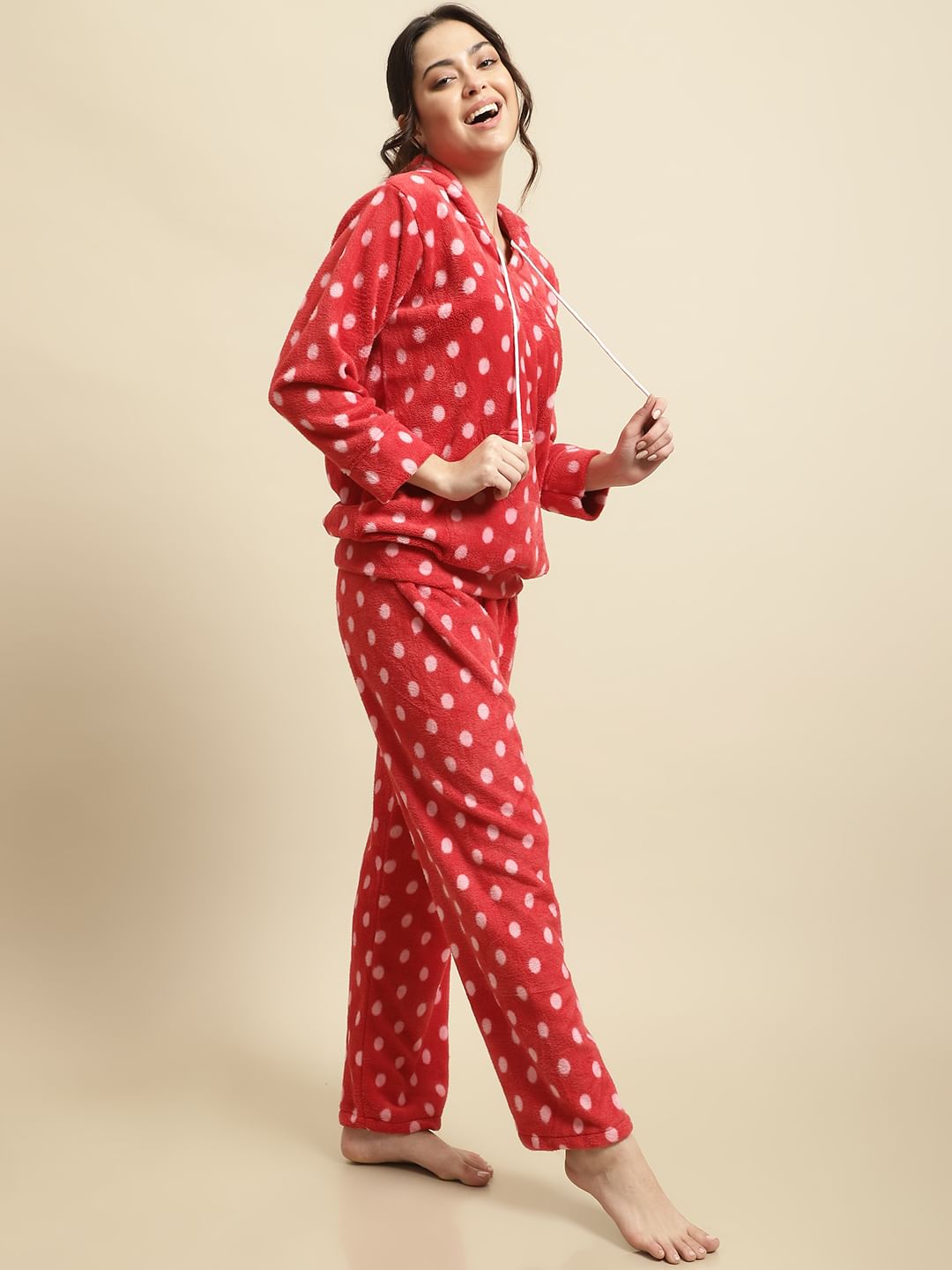 Red Polka Dot Hoodied Woolen Night Suit