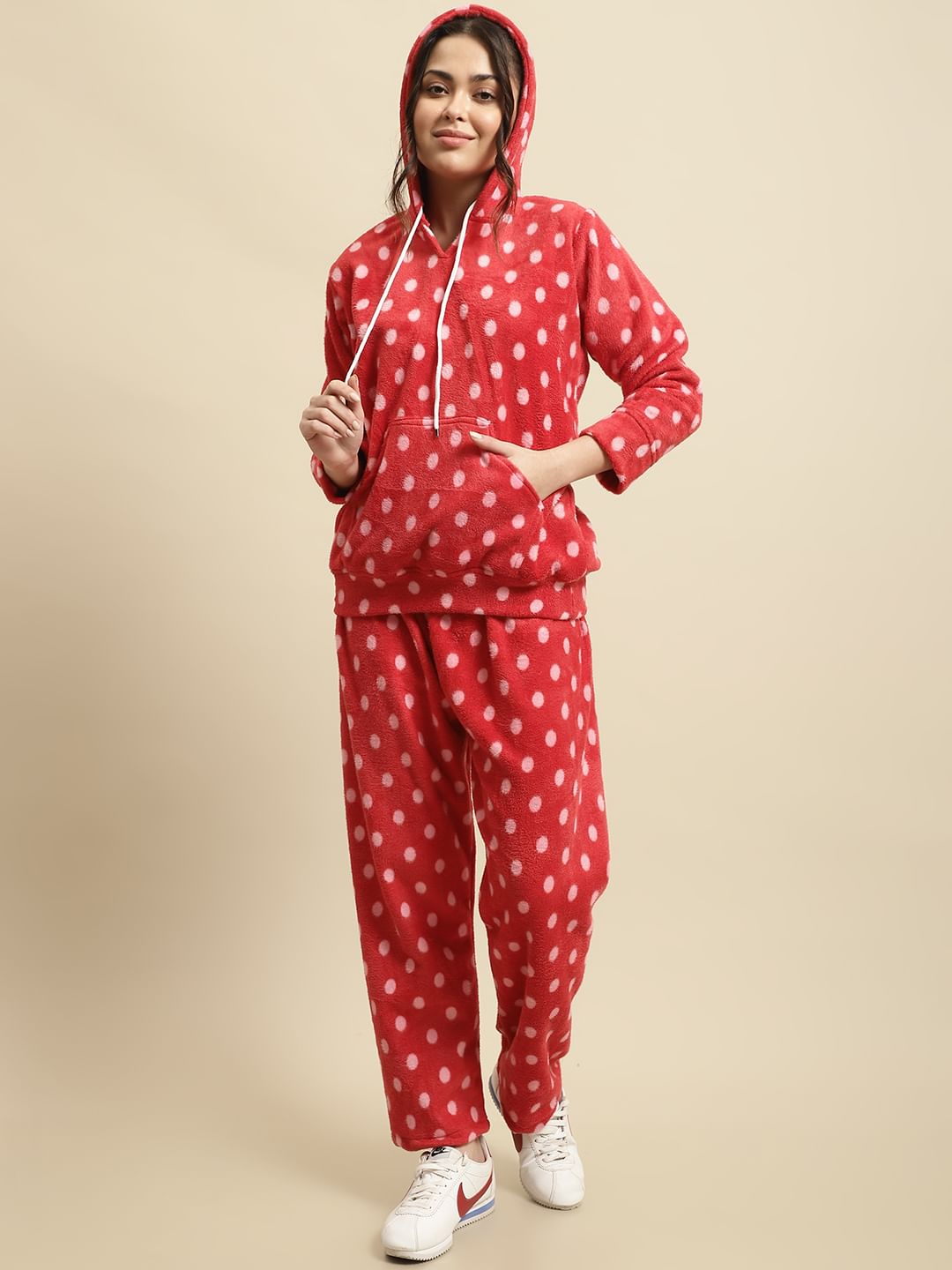 Red Polka Dot Hoodied Woolen Night Suit