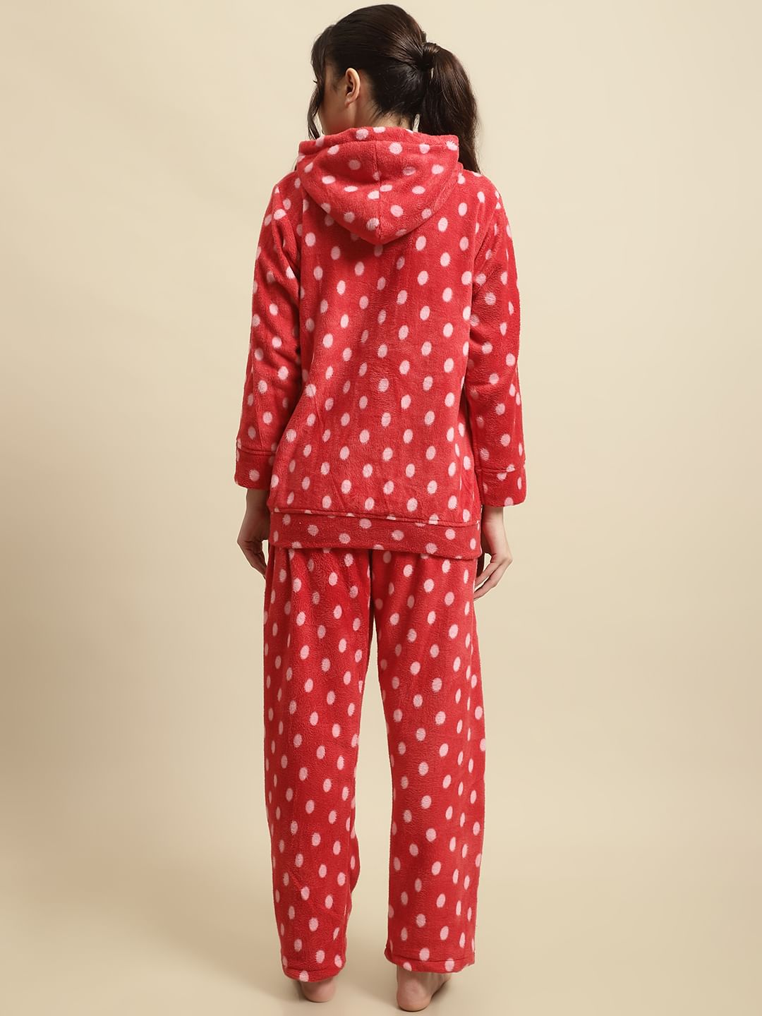 Red Polka Dot Hoodied Woolen Night Suit
