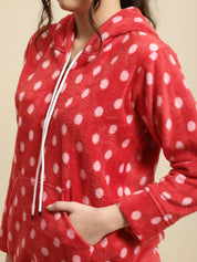 Red Polka Dot Hoodied Woolen Night Suit