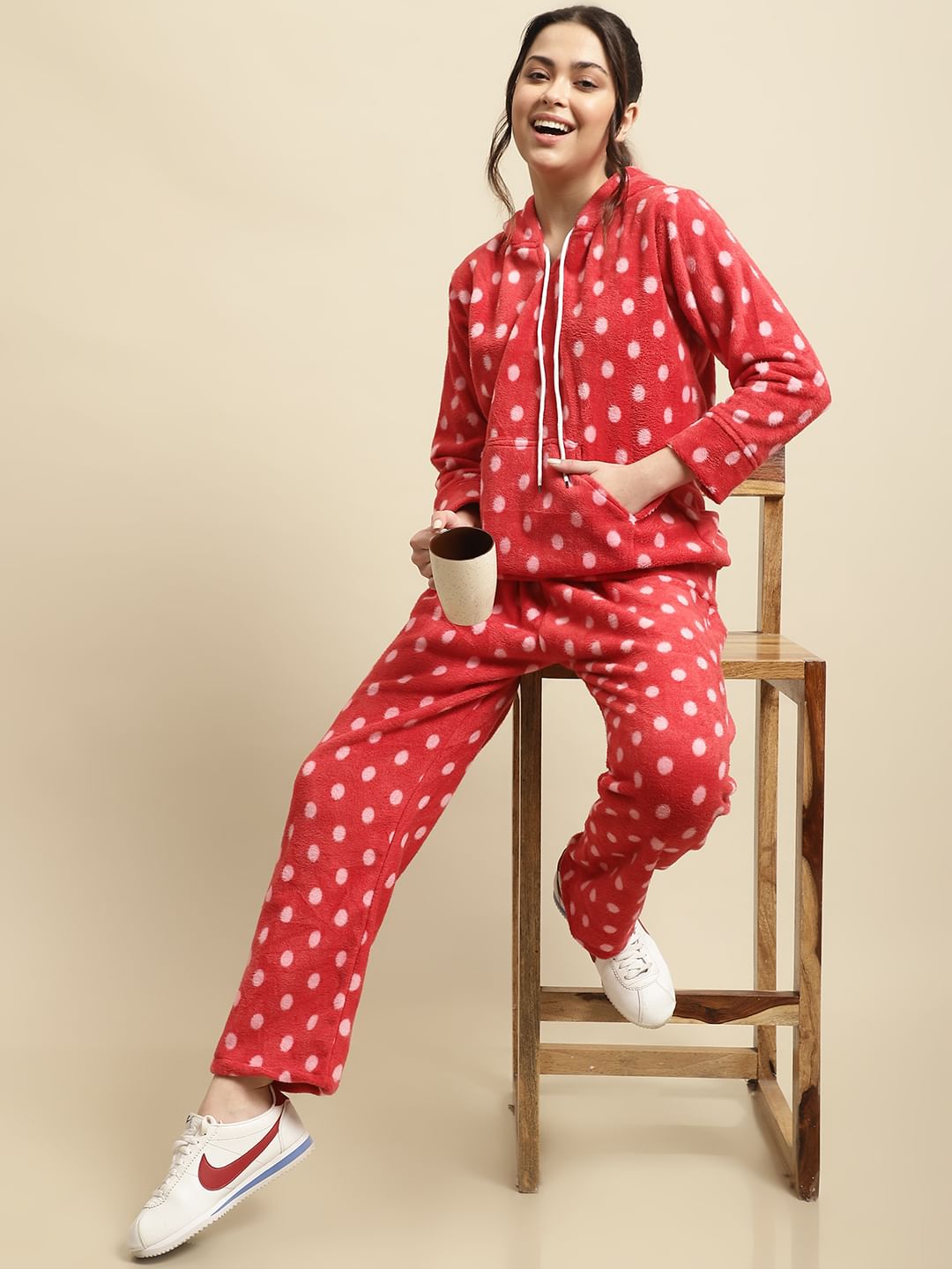 Red Polka Dot Hoodied Woolen Night Suit