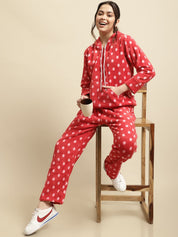 Red Polka Dot Hoodied Woolen Night Suit