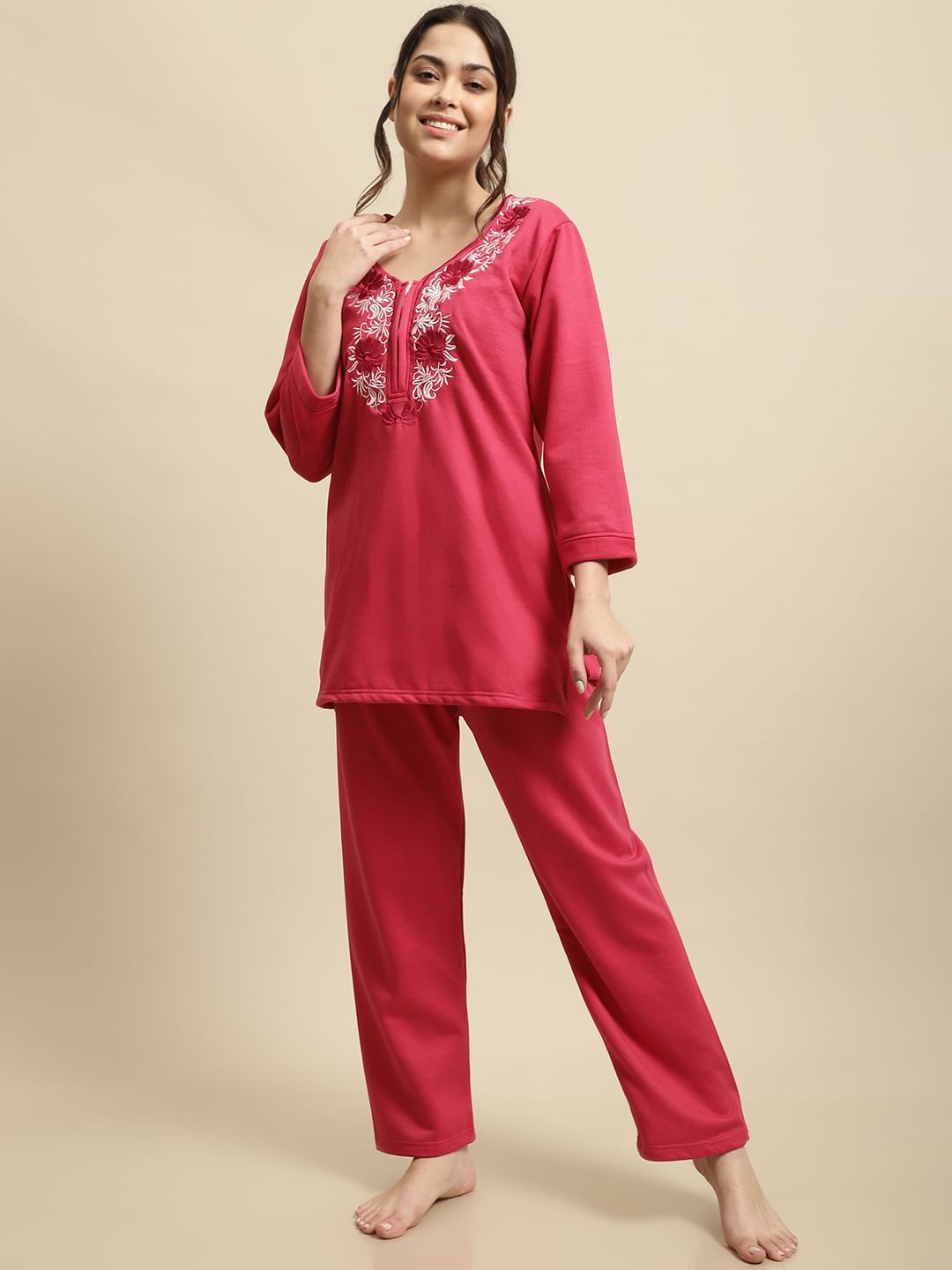 Pink Solid Woolen Night Suit Set of Short Kurta with Front Zipper and Pyjamas