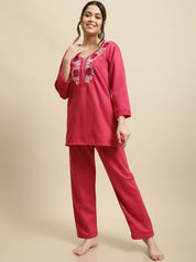 Pink Solid Woolen Night Suit Set of Short Kurta with Front Zipper and Pyjamas
