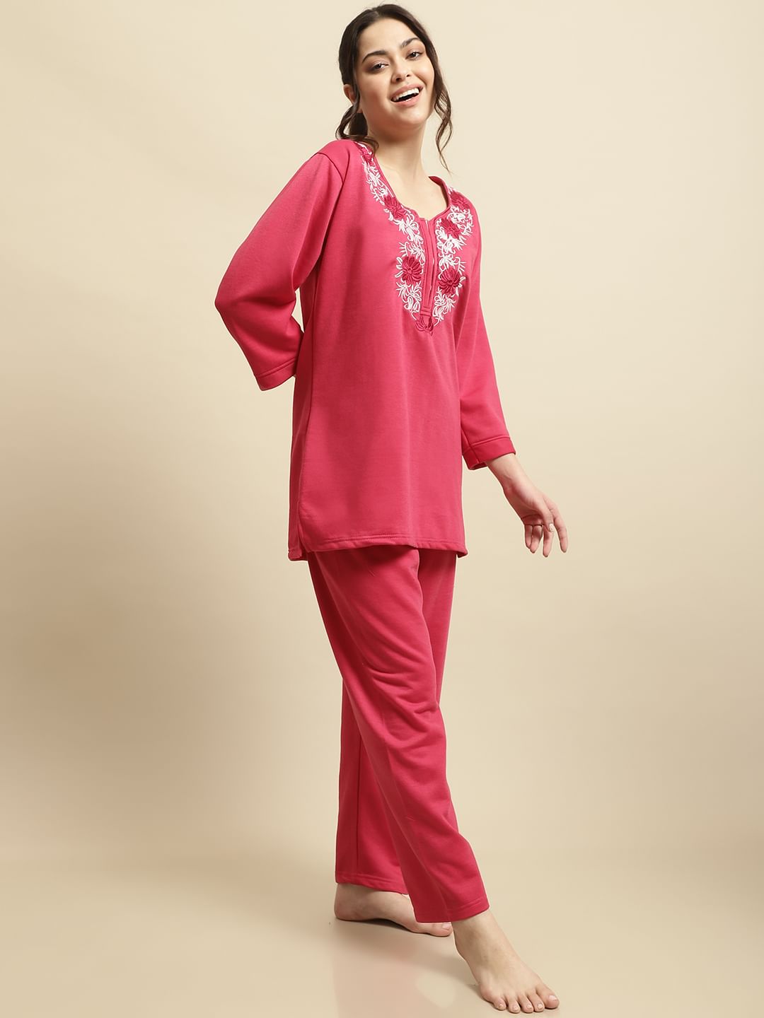 Pink Solid Woolen Night Suit Set of Short Kurta with Front Zipper and Pyjamas