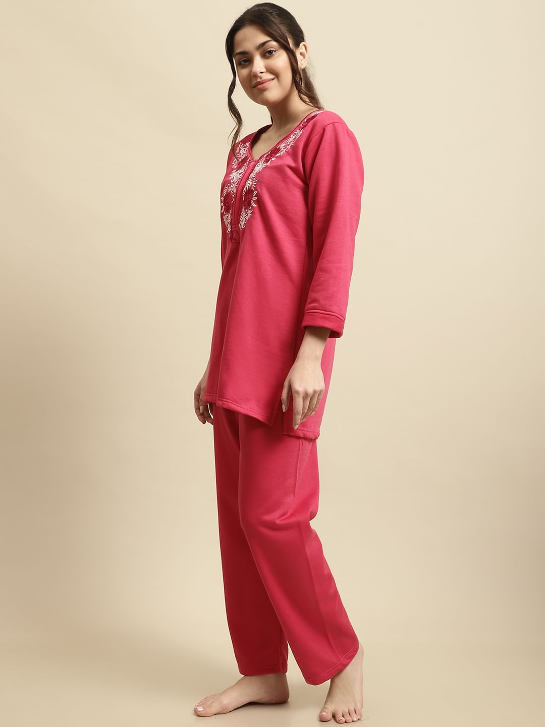 Pink Solid Woolen Night Suit Set of Short Kurta with Front Zipper and Pyjamas