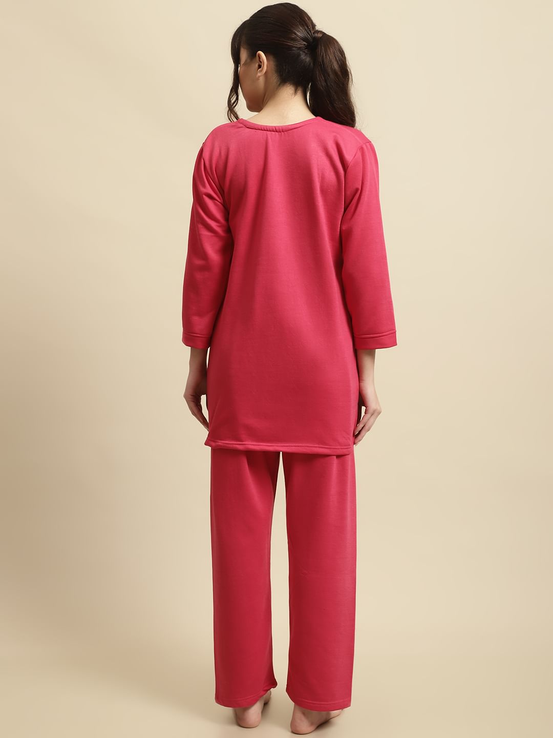 Pink Solid Woolen Night Suit Set of Short Kurta with Front Zipper and Pyjamas