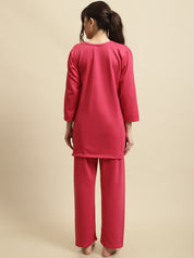 Pink Solid Woolen Night Suit Set of Short Kurta with Front Zipper and Pyjamas