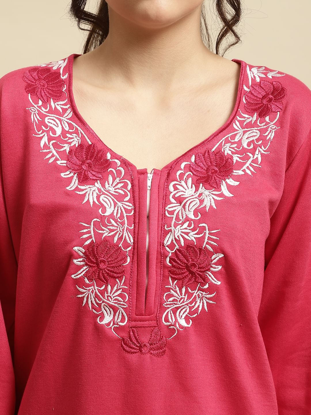 Pink Solid Woolen Night Suit Set of Short Kurta with Front Zipper and Pyjamas