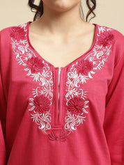 Pink Solid Woolen Night Suit Set of Short Kurta with Front Zipper and Pyjamas