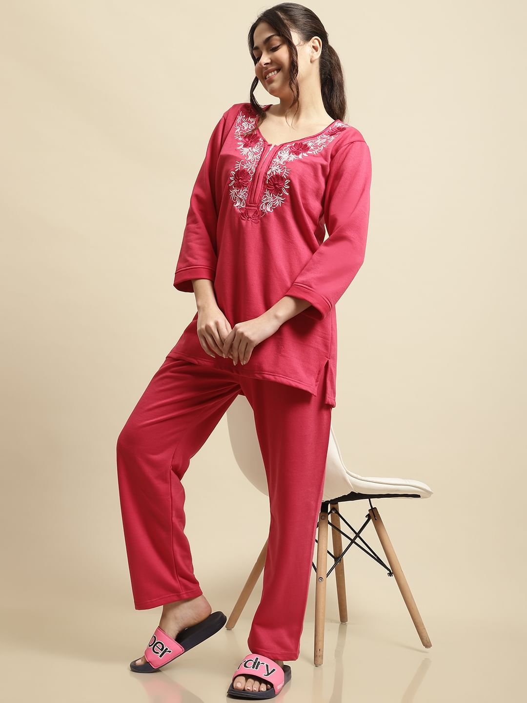 Pink Solid Woolen Night Suit Set of Short Kurta with Front Zipper and Pyjamas
