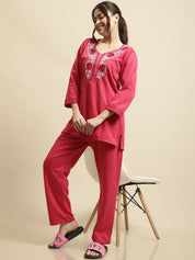 Pink Solid Woolen Night Suit Set of Short Kurta with Front Zipper and Pyjamas