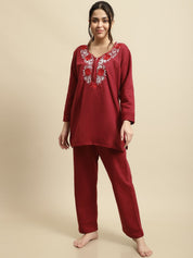 Maroon Solid Woolen Night Suit Set of Short Kurta with Front Zipper and Pyjamas