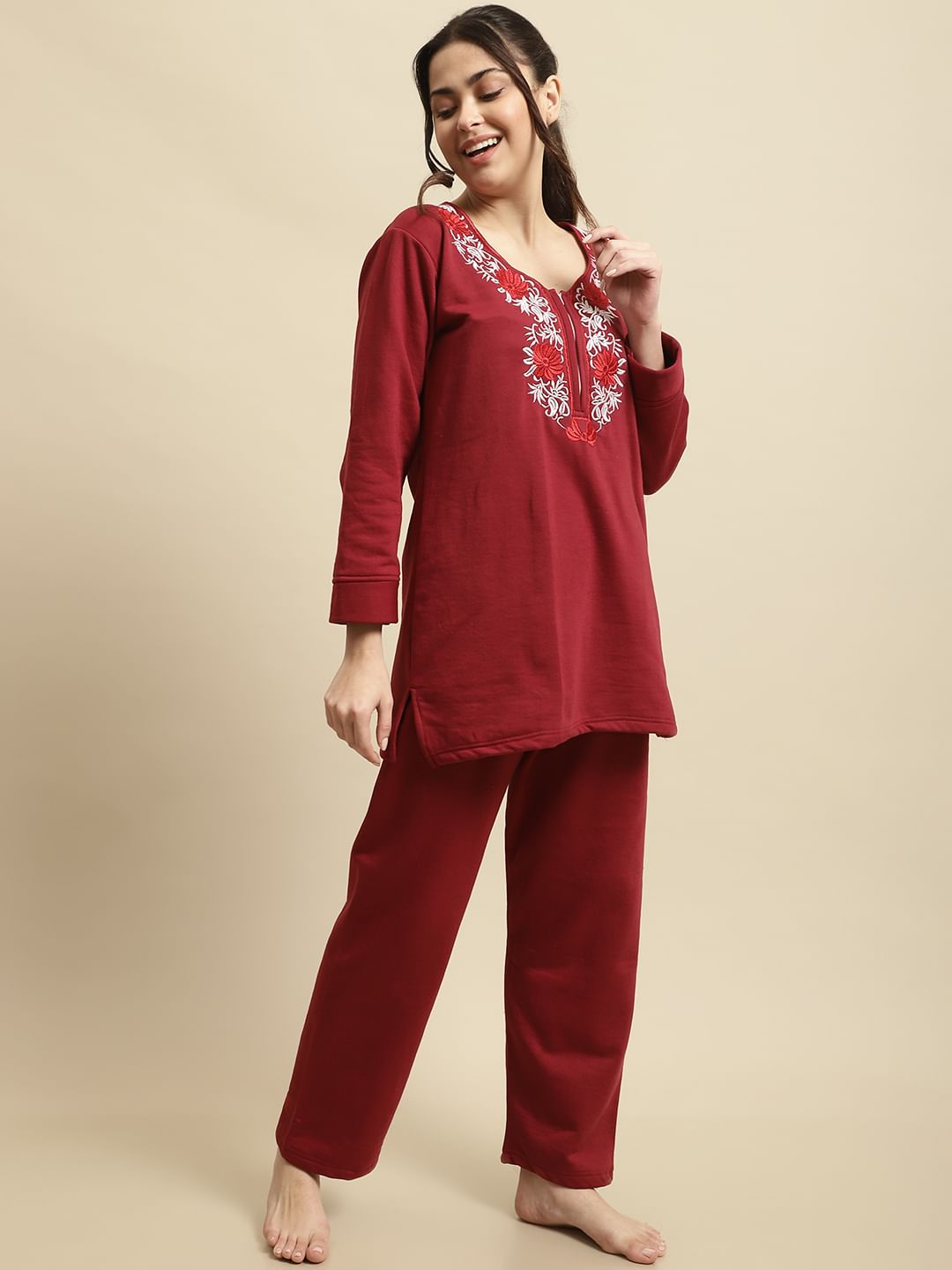 Maroon Solid Woolen Night Suit Set of Short Kurta with Front Zipper and Pyjamas