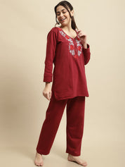 Maroon Solid Woolen Night Suit Set of Short Kurta with Front Zipper and Pyjamas