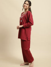 Maroon Solid Woolen Night Suit Set of Short Kurta with Front Zipper and Pyjamas
