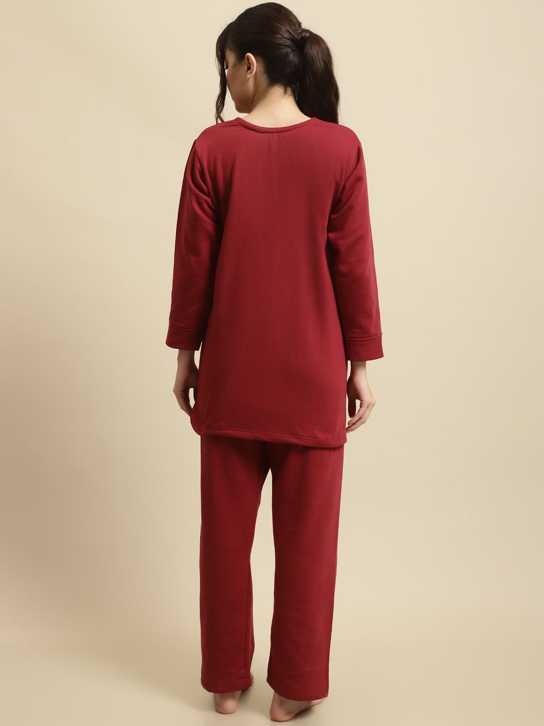 Maroon Solid Woolen Night Suit Set of Short Kurta with Front Zipper and Pyjamas