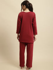 Maroon Solid Woolen Night Suit Set of Short Kurta with Front Zipper and Pyjamas