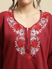 Maroon Solid Woolen Night Suit Set of Short Kurta with Front Zipper and Pyjamas