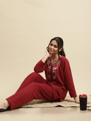 Maroon Solid Woolen Night Suit Set of Short Kurta with Front Zipper and Pyjamas