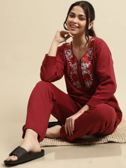 Maroon Solid Woolen Night Suit Set of Short Kurta with Front Zipper and Pyjamas