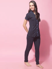 Navy Blue Hosiery Ethnic Printed Night Suit