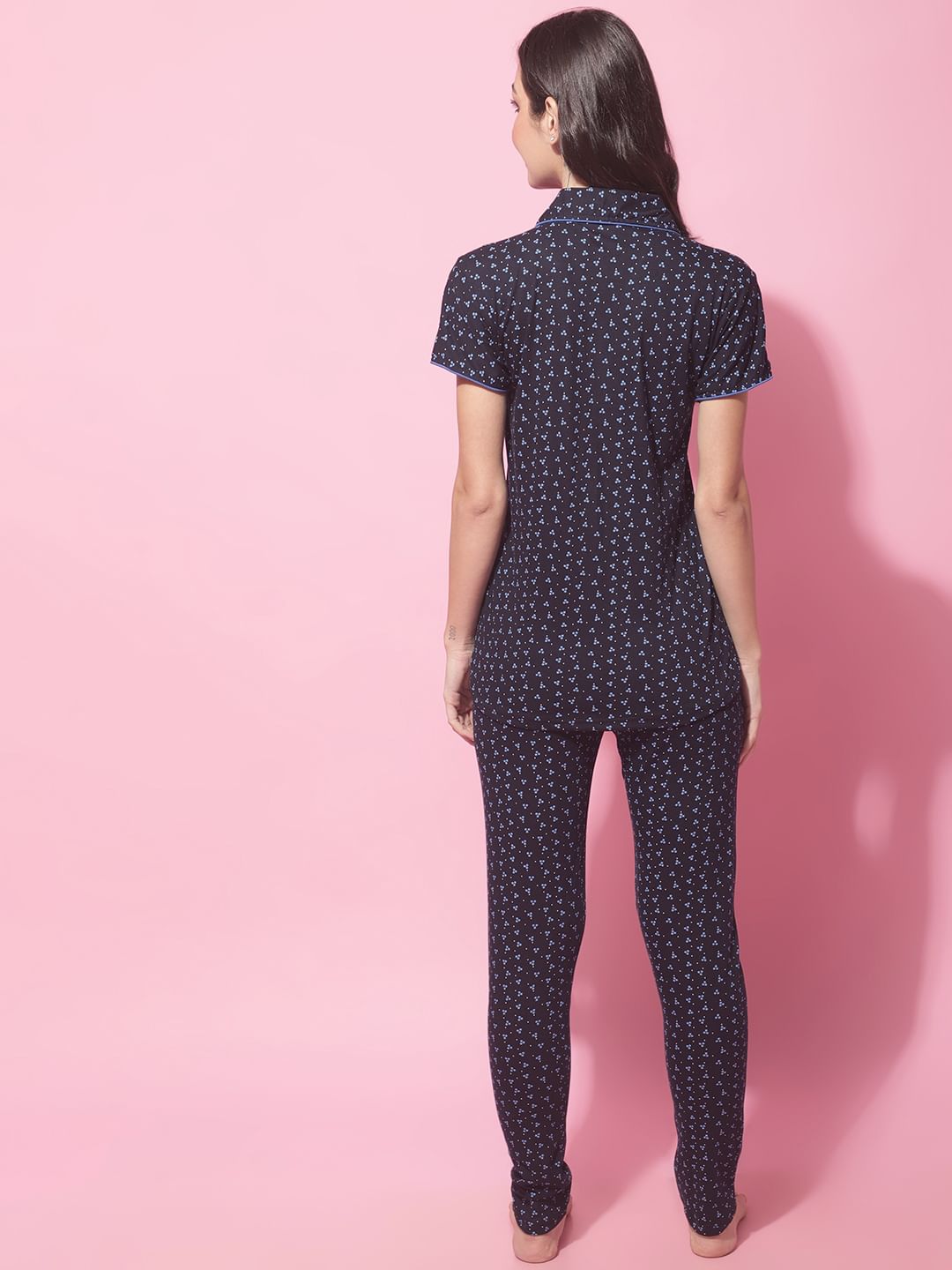 Navy Blue Hosiery Ethnic Printed Night Suit