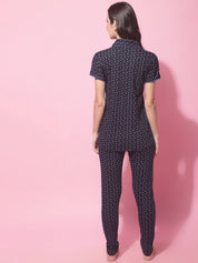 Navy Blue Hosiery Ethnic Printed Night Suit