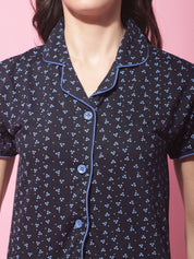 Navy Blue Hosiery Ethnic Printed Night Suit