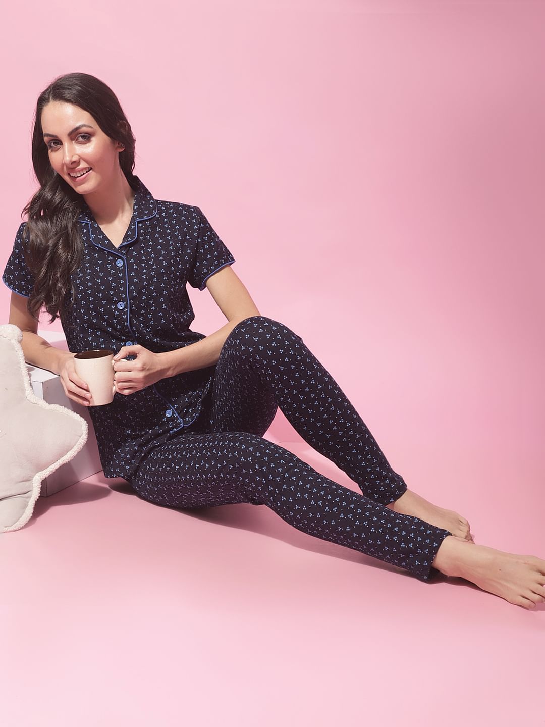 Navy Blue Hosiery Ethnic Printed Night Suit