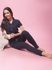 Navy Blue Hosiery Ethnic Printed Night Suit
