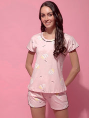 Baby Pink Hosiery Printed Night Suit