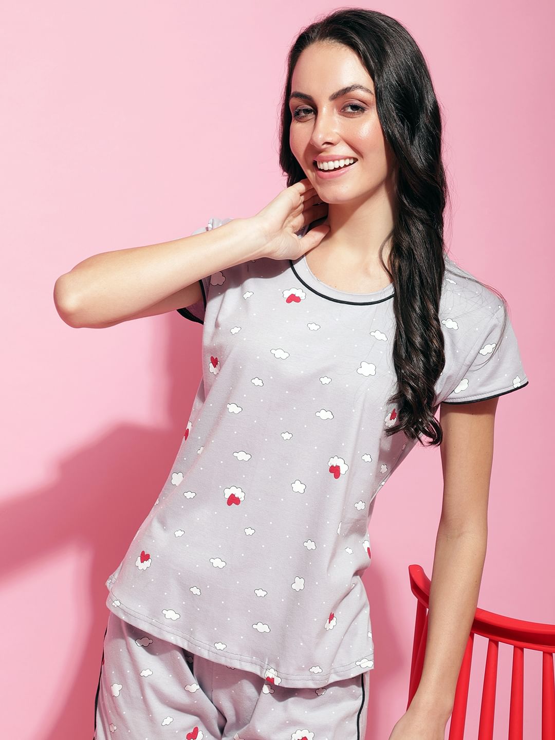 Grey Hosiery Printed Night Suit