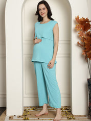 Sky Blue Ribbed Maternity Night Suit