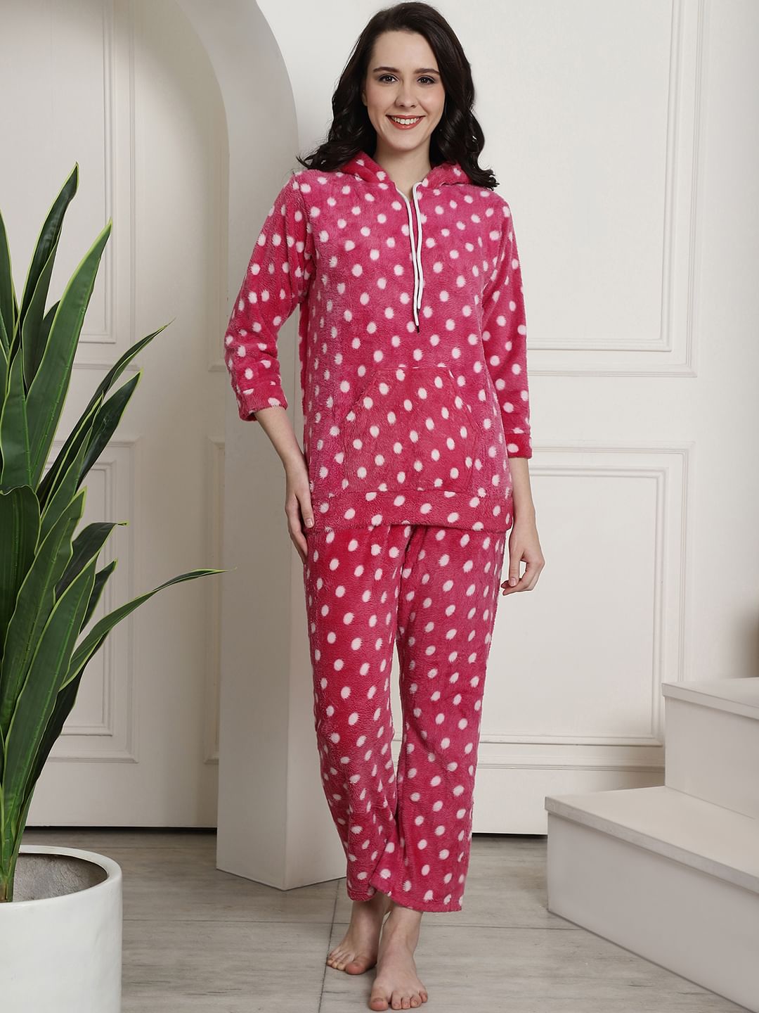 Pink Polka Dots Winter Night Suit