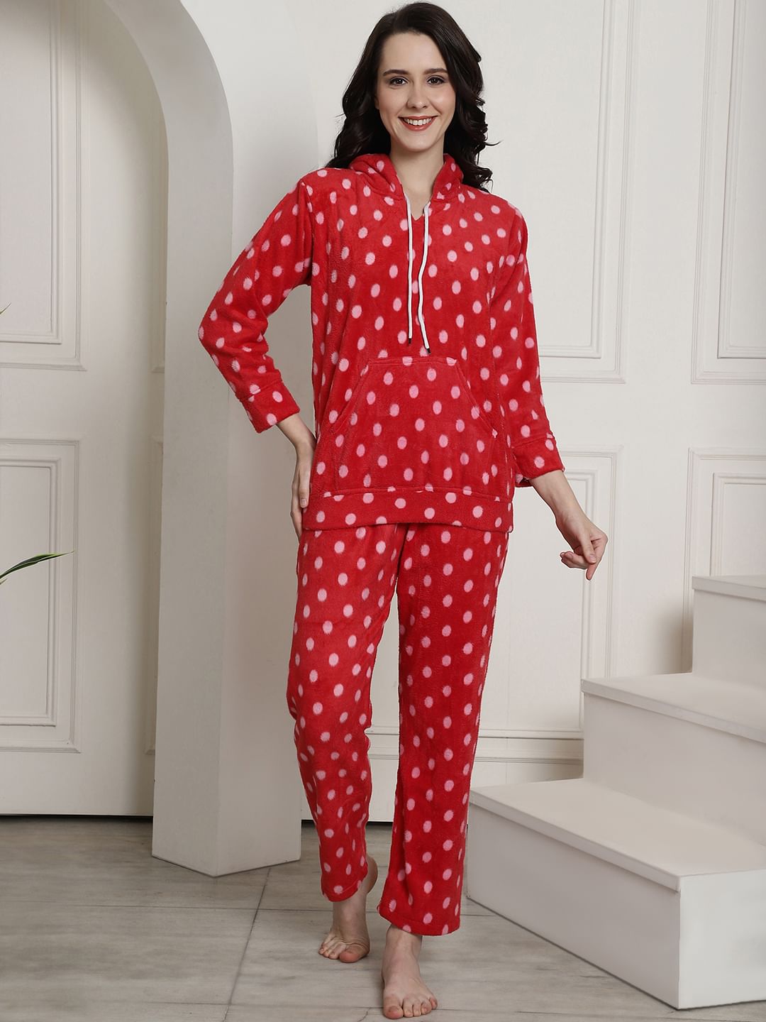 Red Polka Dots Winter Night Suit