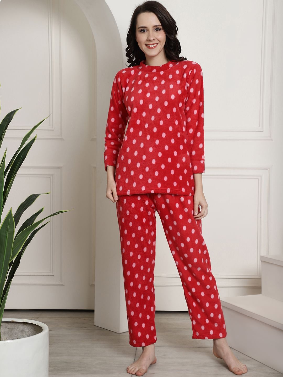 Red Polka Dots Winter Night Suit