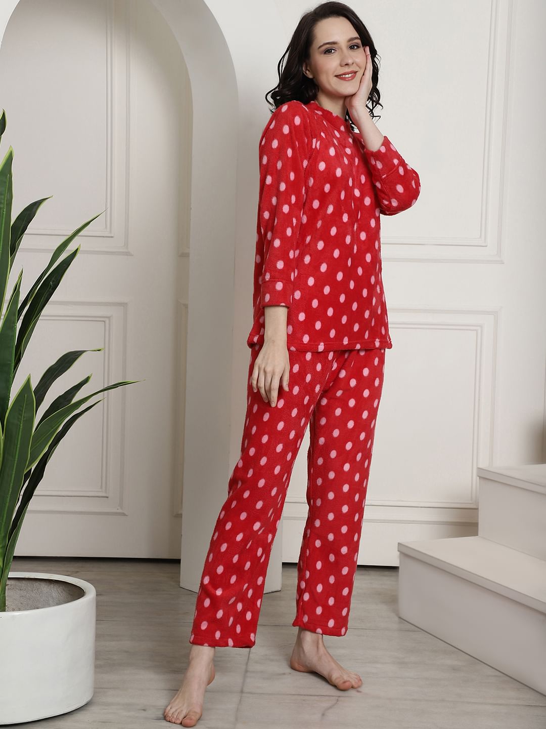Red Polka Dots Winter Night Suit