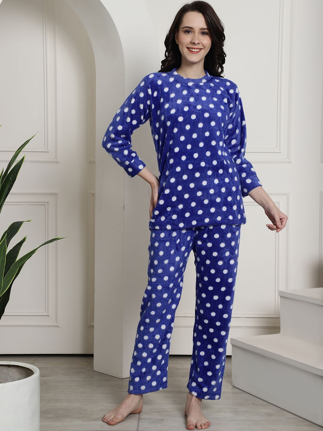 Blue Polka Dots Winter Night Suit