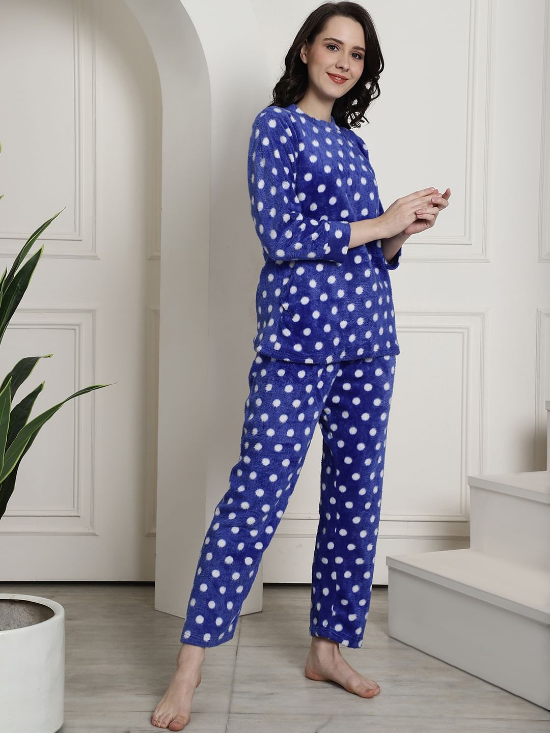 Blue Polka Dots Winter Night Suit