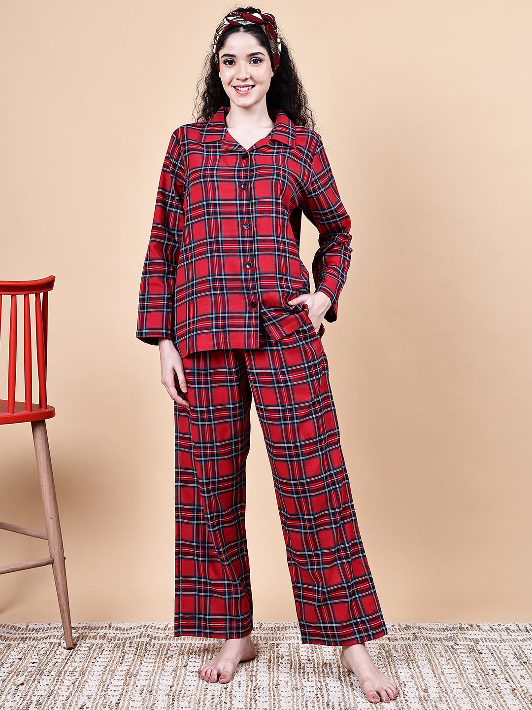 Red Checkered Flannel Night Suit