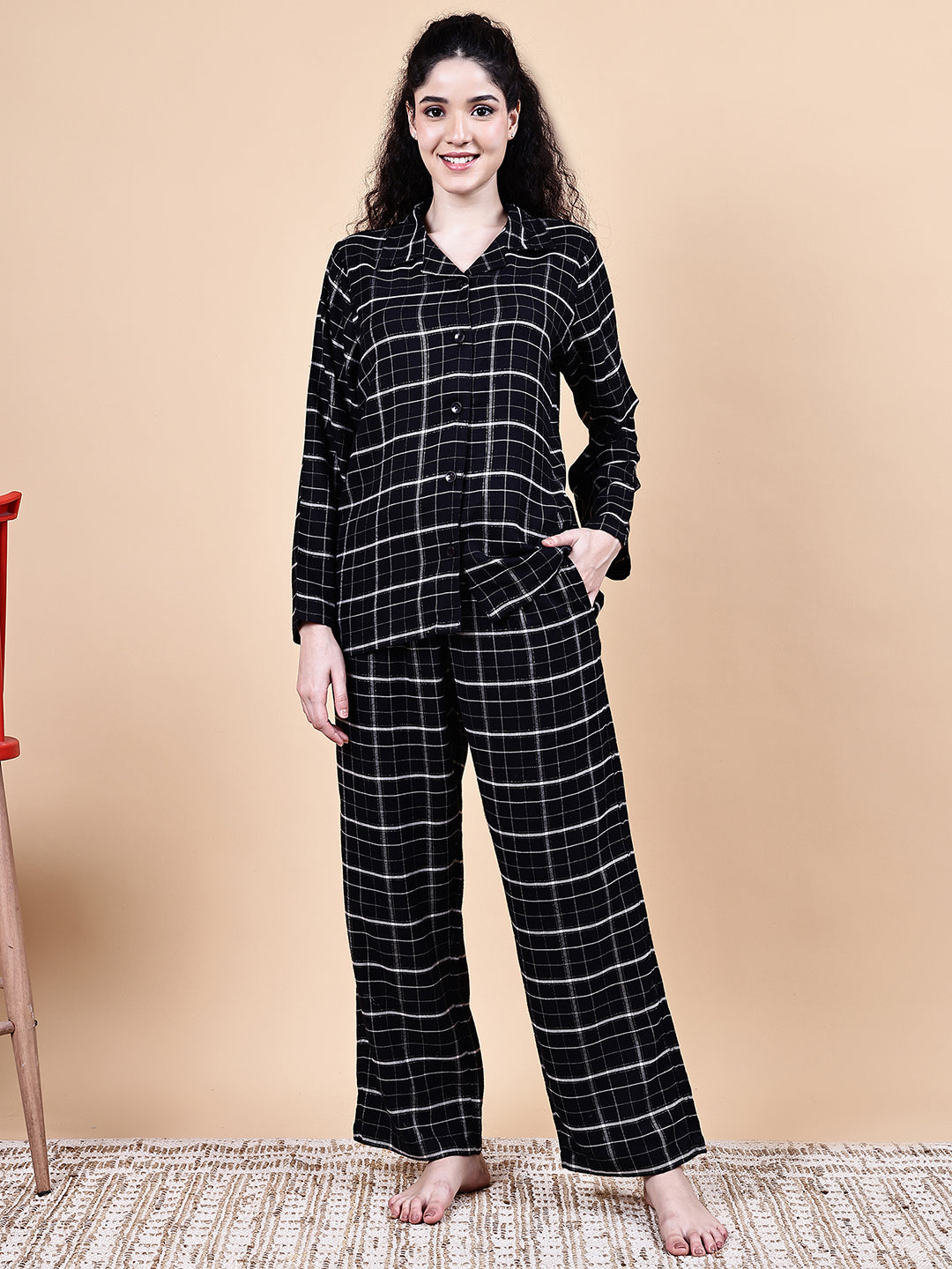 Black Checkered Flannel Night Suit