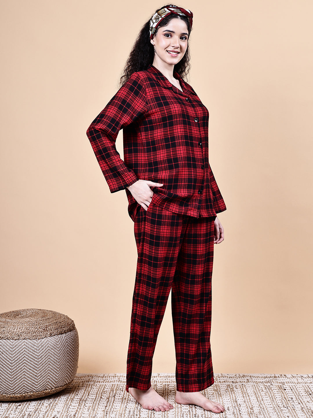 Red Checkered Flannel Night Suit