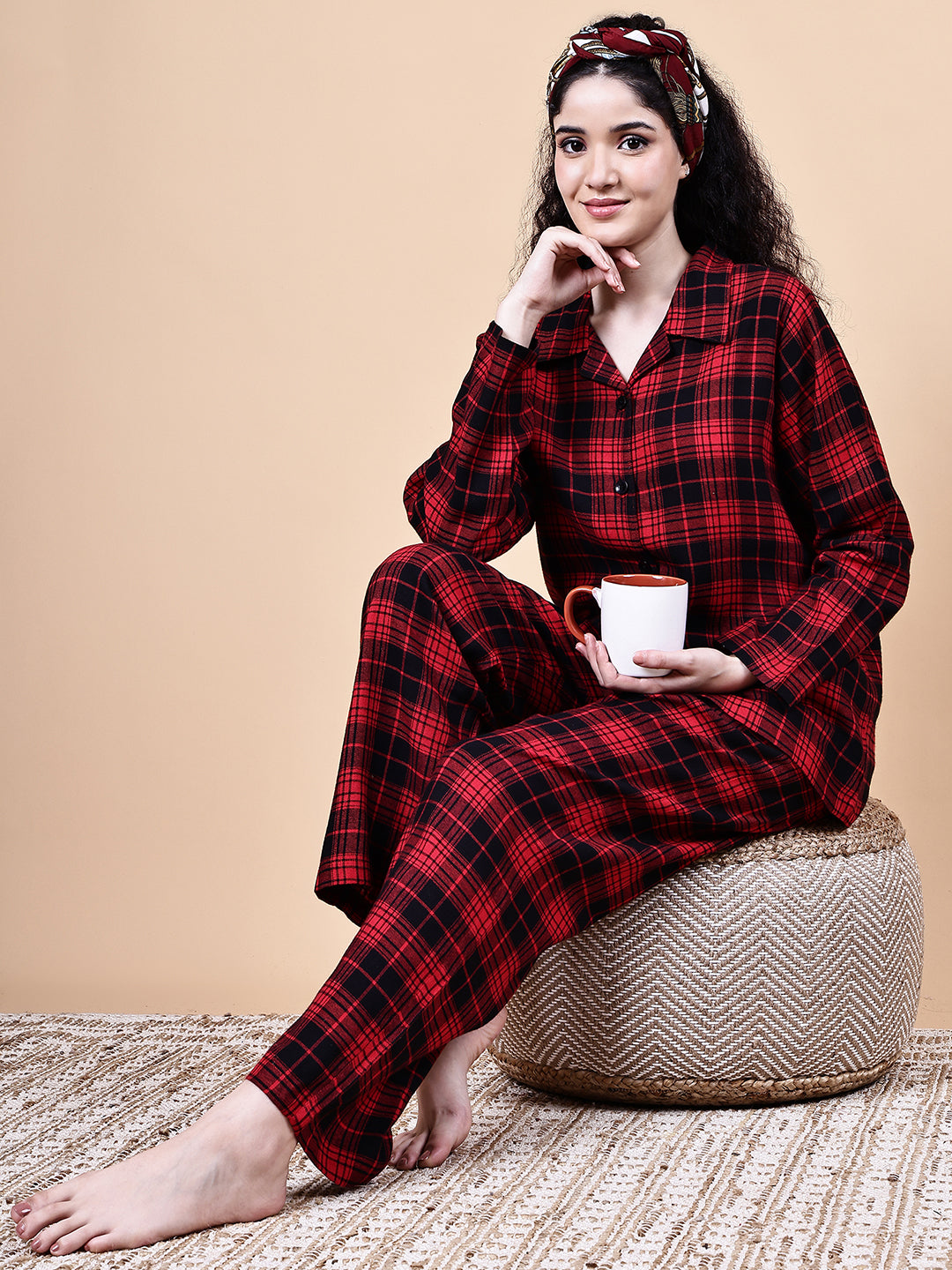 Red Checkered Flannel Night Suit