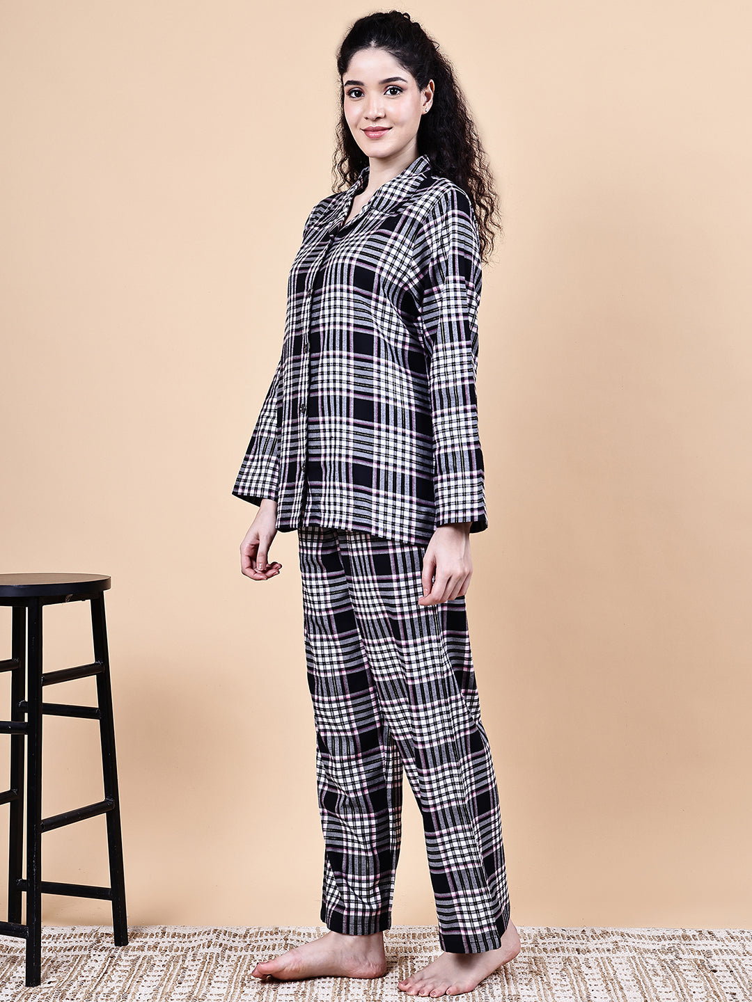 Black Checkered Flannel Night Suit