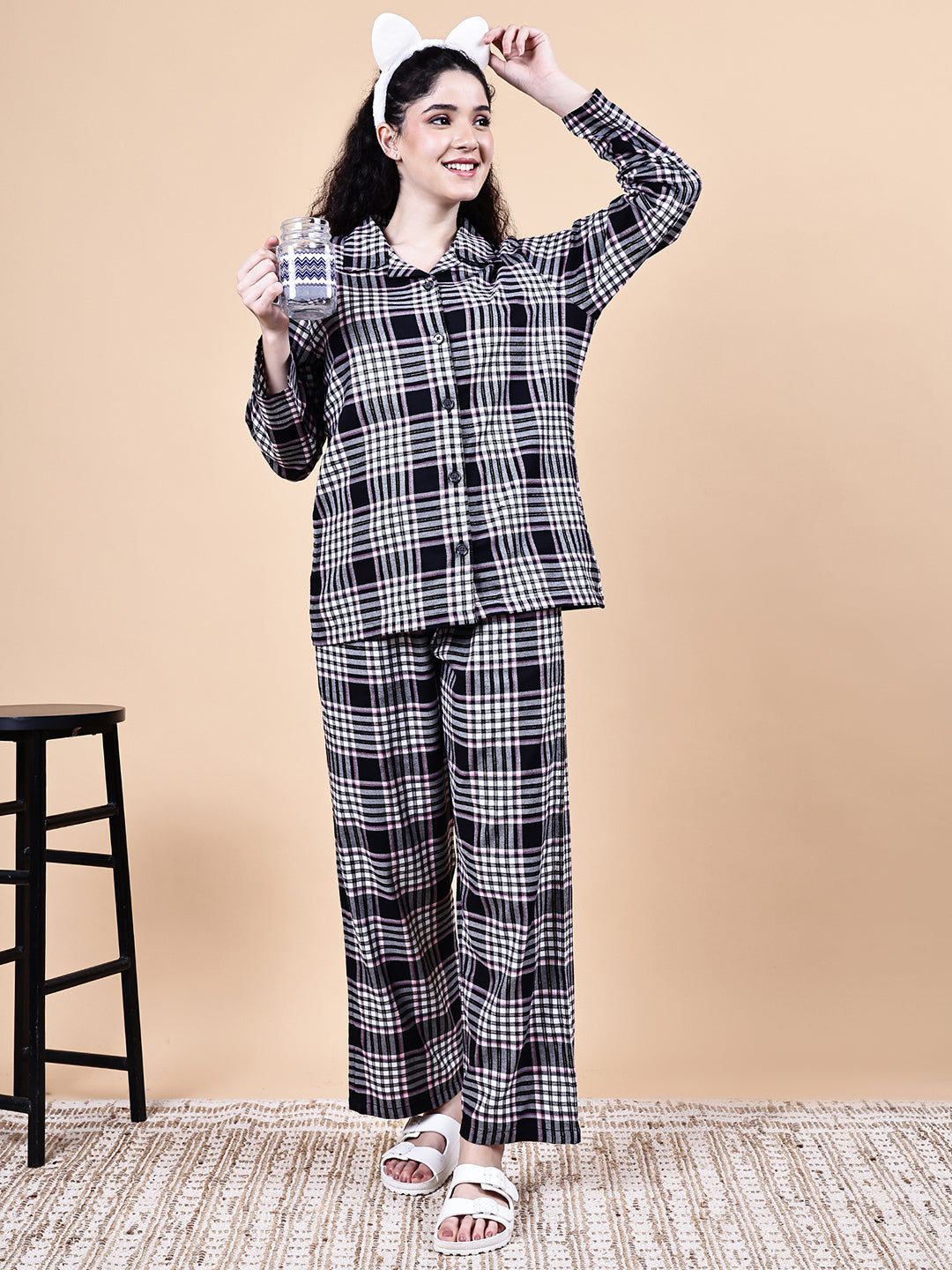 Black Checkered Flannel Night Suit